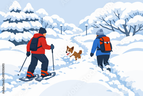 People snowshoeing and hiking with dog in winter forest enjoying outdoor activity