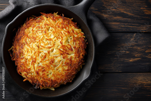 crispy swiss rosti potato pancake in a skillet isolated on white background top view