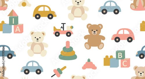Cute Baby Toys Seamless Pattern With Teddy Bears Cars Blocks And Rattle Vector Illustration