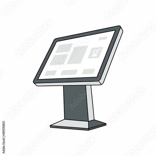 Tilting interactive digital kiosk with grey interface elements on a white background