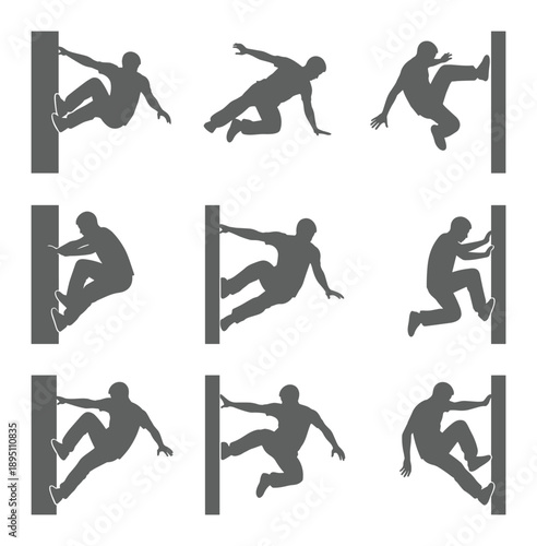 Figures dynamically parkouring and leaping between vertical bars silhouette action poses