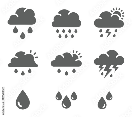 Weather icons depicting rain clouds sun and lightning in dark silhouette isolated icon set