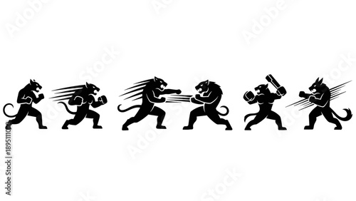 Animal fighters silhouette: dynamic panther and wolf combat stances