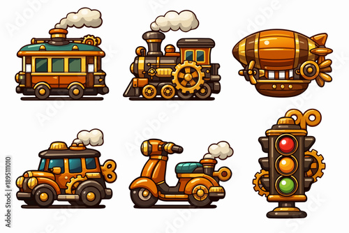 Steampunk vehicles icons set with train, blimp, car, scooter, and traffic light