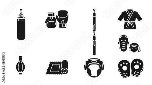 Comprehensive set of martial arts gear icons featuring gloves, punching bags, and protective equipment