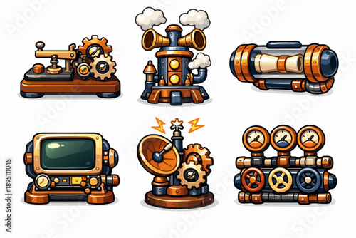 Steampunk cartoon gadgets set illustrating retro-futuristic mechanical technology