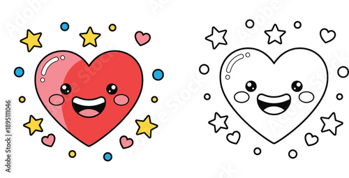 Cute smiling heart character with stars coloring page vector. Kawaii red love symbol illustration for Valentine's Day and kids activity.
