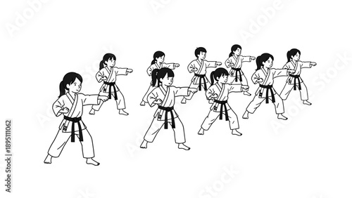 Karate class training with children practicing martial arts in uniforms