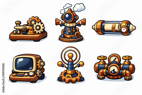 Steampunk technology icons showing vintage machinery and retro future gadgets