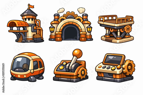 Steampunk industrial icons set for game asset design and retro tech interface