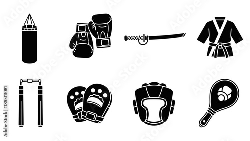 Martial arts equipment in black and white silhouette