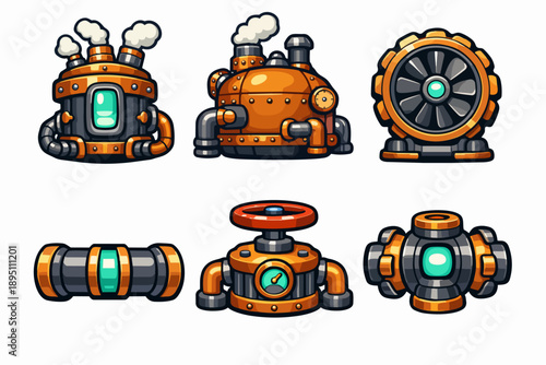 Steampunk machinery elements set. Cartoon industrial factory turbine and boiler