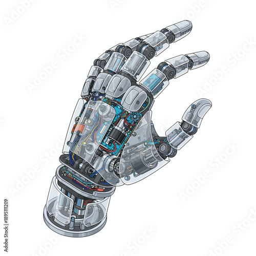 Transparent robotic hand illustration with visible internal wiring and mechanics