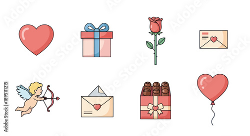 Valentine's Day Icons: Heart, Rose, Gift Box, Cupid, Envelope, Chocolates, Balloon