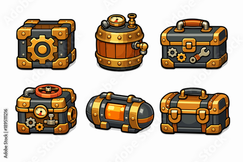 Steampunk crates and barrels for game interface including toolbox and container