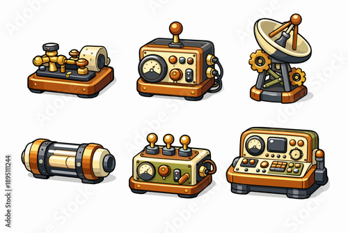 Steampunk gadgets set, retro brass inventions, victorian era technology collection