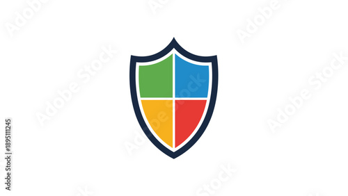 Colorful shield emblem with four squares on white background
