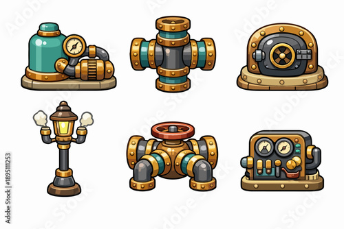 Steampunk industrial machinery icons producing steam, pipes, and control panels