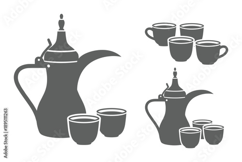 An elegant arrangement of traditional arabian coffee pots and cups in a dark silhouette set isolated
