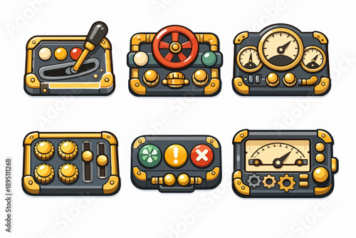 Steampunk user interface elements collection for game design and mechanical control panels