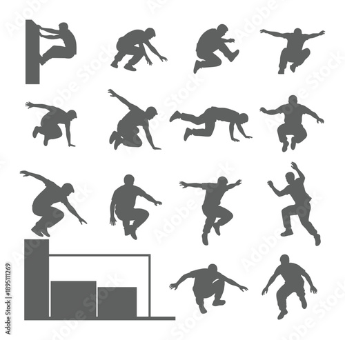 Parkour and freerunning action poses silhouette set of urban athletes