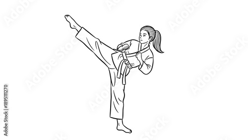 Martial artist showing high kick in traditional kimono line art