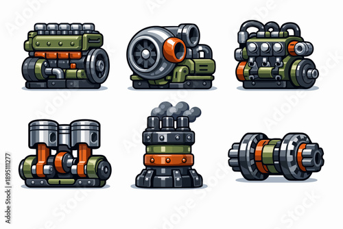 Mechanical engines pixel art set, portraying industrial machine parts and turbo components