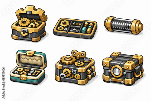 Steampunk style game assets featuring gears and mechanical parts