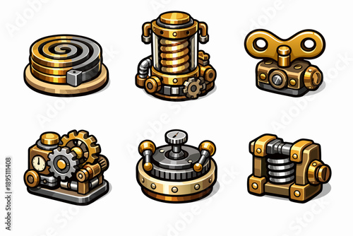 Steampunk machine components and clockwork elements on a white background