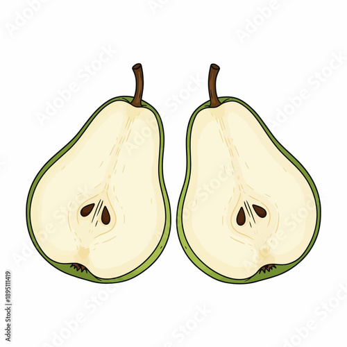 Two halves of a green pear cut vertically showing seeds