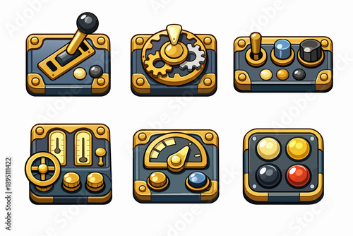Steampunk control panel elements showing game user interface icons with vintage gauges and levers