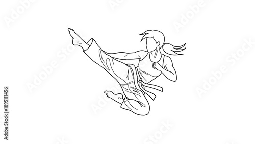 Dynamic martial arts woman performing high kick in outline