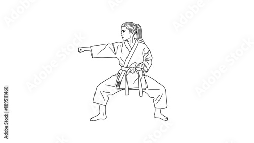 Karate practice: female martial artist in linear pose