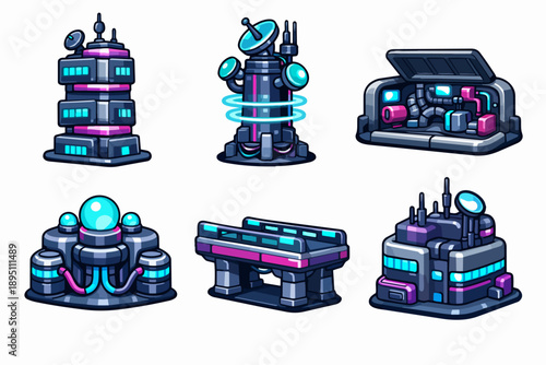 Cyberpunk futuristic buildings set with modern technology for game level items