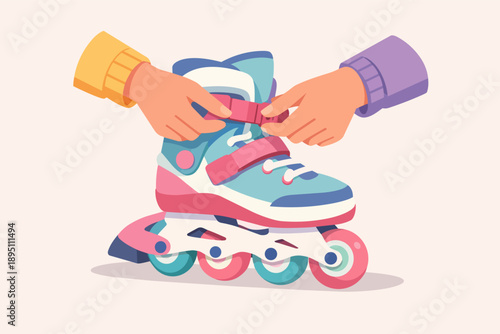 Hands fastening buckle on an inline skate, preparing for rollerblading activity