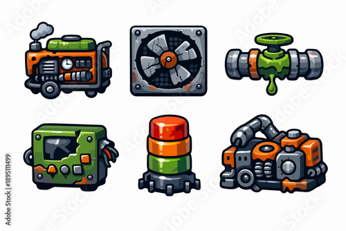 Rusted industrial machinery set for game design and mechanical equipment assets