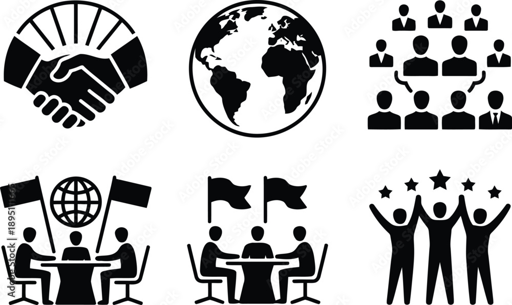 Fototapeta premium A set of diverse black glyph icons representing global business, team collaboration, negotiation, and triumph