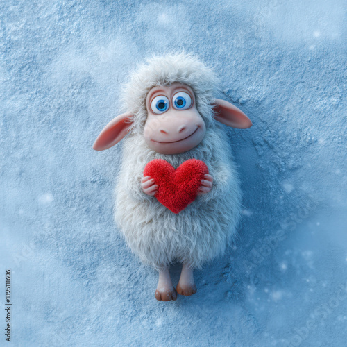 A charming 3D cartoon sheep lying in snow holding a red heart. Perfect for Valentine's Day, romantic themes, and winter greeting cards. High-quality character design with soft fur and blue eyes