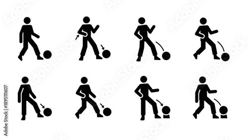 Silhouette stick figures demonstrating eight soccer dribbling techniques