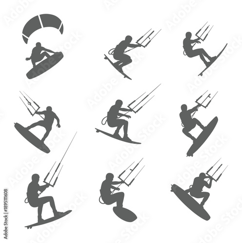 Dynamic kitesurfing poses and figures grey silhouette set isolated action poses
