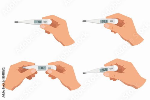 Holding digital thermometer displaying various body temperatures for health checks