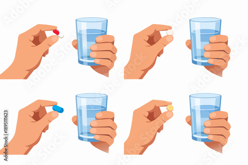 Hands holding diverse pills and capsules with a glass of water for daily medication