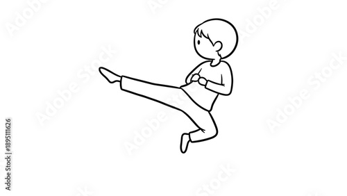 Minimalist line art of karate kid kicking in air pose