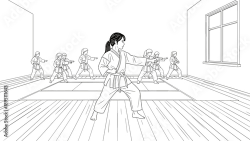 Karate class line art: group of girls practicing martial arts in studio