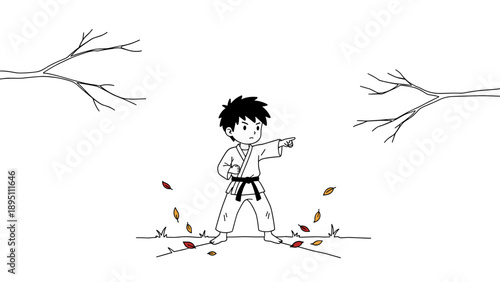 Martial arts kid practicing karate amid autumn leaves in minimalist style