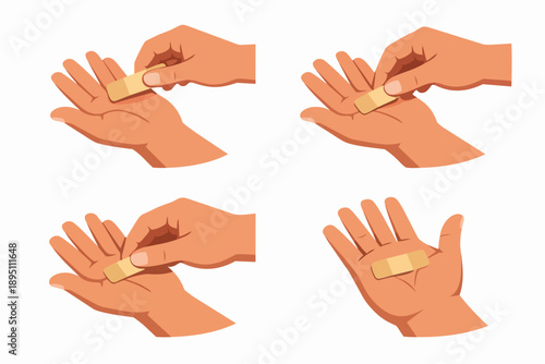 Applying adhesive bandage on hand palm, caring for personal injury and first aid