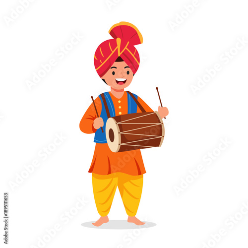 Cheerful illustration of a traditional South Indian man playing drum during Pongal festival celebration.