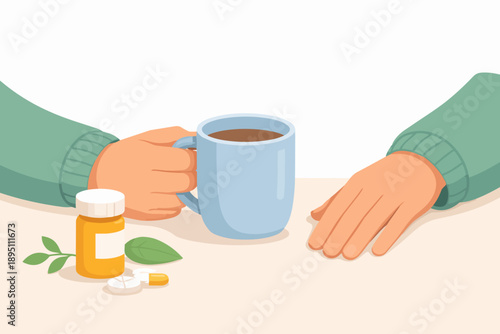 Person holding coffee mug with medication and natural remedies on table