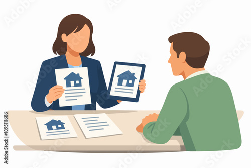 Real estate agent discussing property details with client on documents and tablet