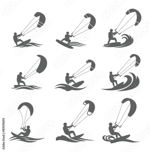 Dynamic kitesurfing designs showcases the sport s energy and freedom a isolated vector silhouette action poses